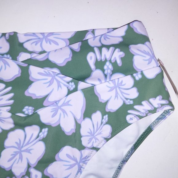 Victoria Secret PINK Swim Bikini Bottom‎ Medium Green White Blue Hibiscus Floral - Picture 3 of 7